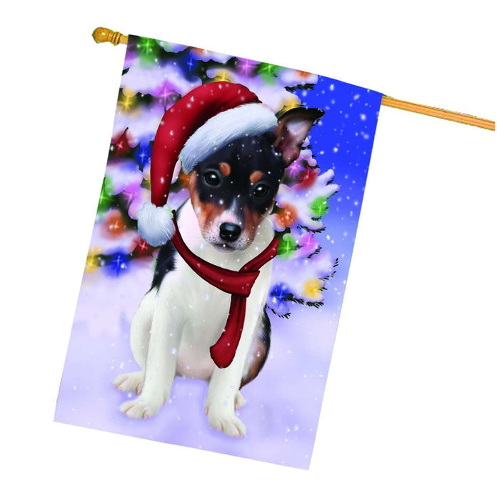 Christmas Holidays Winter Wonderland Rat Terrier Puppy Wearing Santa Hat House Flag FLG114