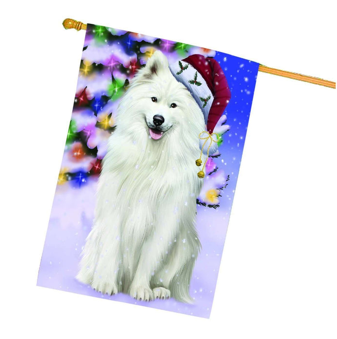 Christmas Holidays Winter Wonderland Samoyed Adult Dog Wearing Santa Hat House Flag FLG115