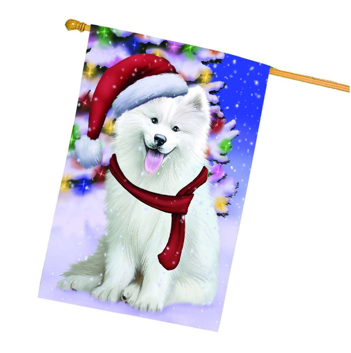 Christmas Holidays Winter Wonderland Samoyed Puppy Wearing Santa Hat House Flag FLG116