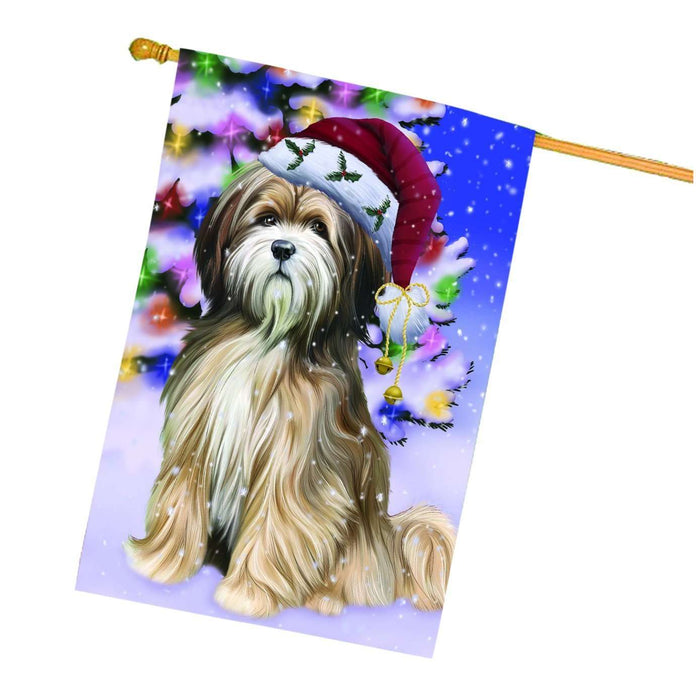 Christmas Holidays Winter Wonderland Tibetan Terrier Adult Dog Wearing Santa Hat House Flag FLG117
