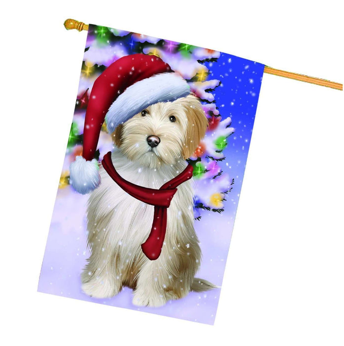 Christmas Holidays Winter Wonderland Tibetan Terrier Puppy Wearing Santa Hat House Flag FLG118