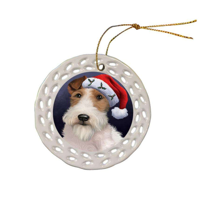 Christmas Holidays Wire Fox Terrier Dog Wearing Santa Hat Portrait Head Ceramic Doily Ornament DPOR53508