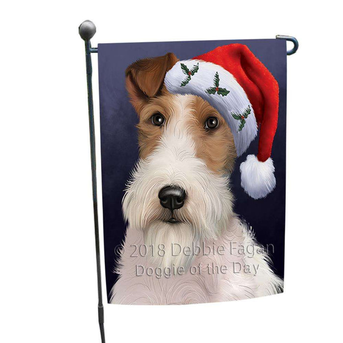 Christmas Holidays Wire Fox Terrier Dog Wearing Santa Hat Portrait Head Garden Flag GFLG53570
