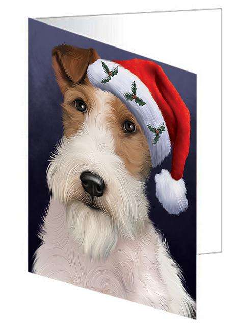 Christmas Holidays Wire Fox Terrier Dog Wearing Santa Hat Portrait Head Handmade Artwork Assorted Pets Greeting Cards and Note Cards with Envelopes for All Occasions and Holiday Seasons GCD64553