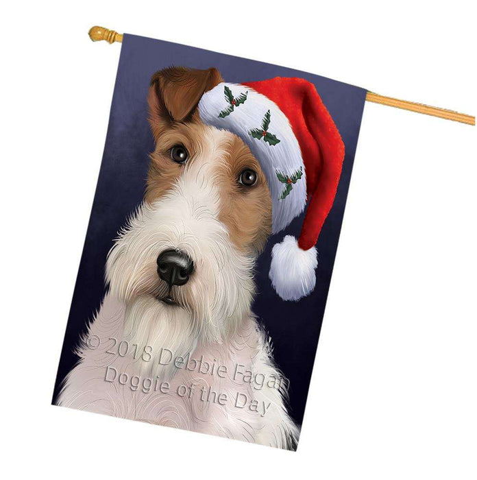 Christmas Holidays Wire Fox Terrier Dog Wearing Santa Hat Portrait Head House Flag FLG53706