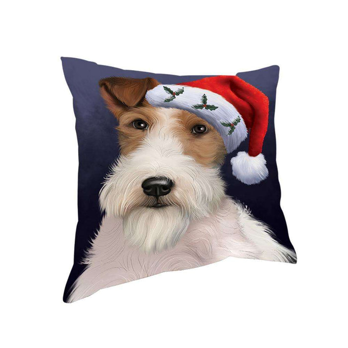 Christmas Holidays Wire Fox Terrier Dog Wearing Santa Hat Portrait Head Pillow PIL70656