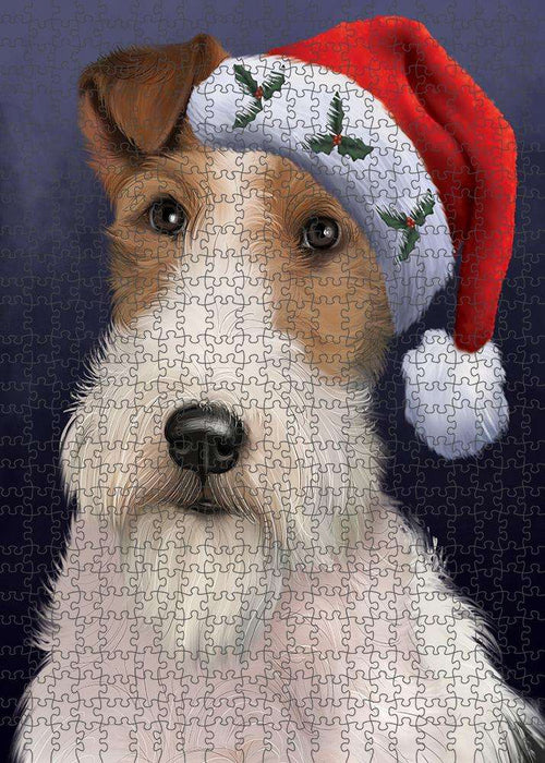 Christmas Holidays Wire Fox Terrier Dog Wearing Santa Hat Portrait Head Puzzle with Photo Tin PUZL81188