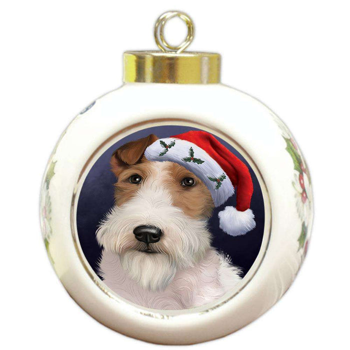 Christmas Holidays Wire Fox Terrier Dog Wearing Santa Hat Portrait Head Round Ball Christmas Ornament RBPOR53508