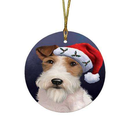 Christmas Holidays Wire Fox Terrier Dog Wearing Santa Hat Portrait Head Round Flat Christmas Ornament RFPOR53499