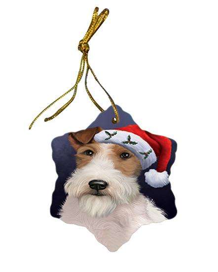Christmas Holidays Wire Fox Terrier Dog Wearing Santa Hat Portrait Head Star Porcelain Ornament SPOR53499