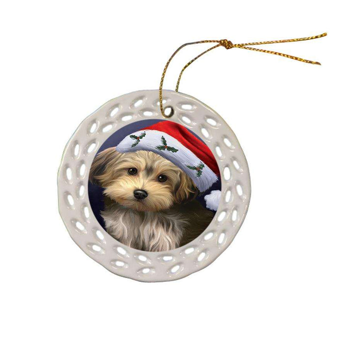 Christmas Holidays Yorkipoo Dog Wearing Santa Hat Portrait Head Ceramic Doily Ornament DPOR53509