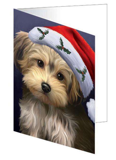 Christmas Holidays Yorkipoo Dog Wearing Santa Hat Portrait Head Handmade Artwork Assorted Pets Greeting Cards and Note Cards with Envelopes for All Occasions and Holiday Seasons GCD64556