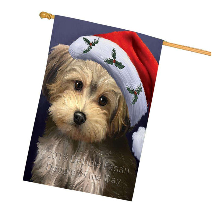 Christmas Holidays Yorkipoo Dog Wearing Santa Hat Portrait Head House Flag FLG53707