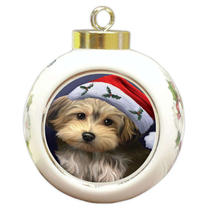 Christmas Holidays Yorkipoo Dog Wearing Santa Hat Portrait Head Round Ball Christmas Ornament RBPOR53509