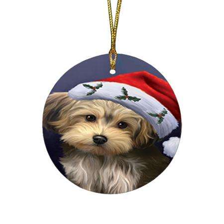 Christmas Holidays Yorkipoo Dog Wearing Santa Hat Portrait Head Round Flat Christmas Ornament RFPOR53500