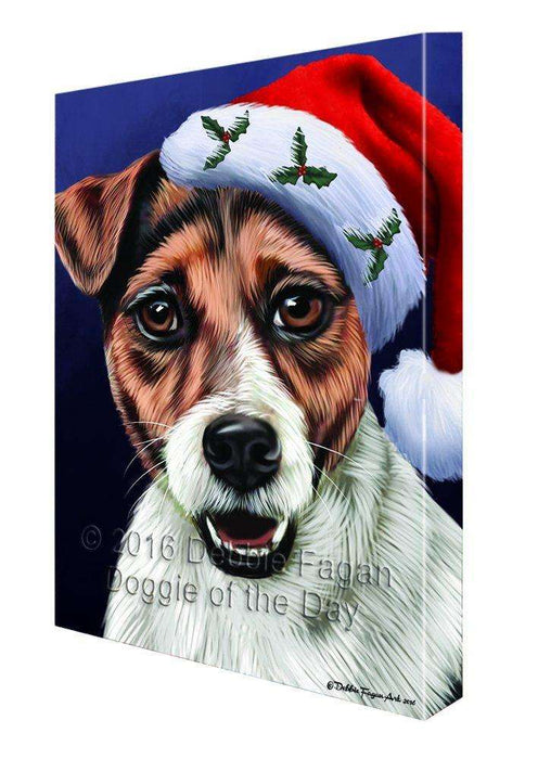 Christmas Jack Russel Dog Holiday Portrait with Santa Hat Canvas Wall Art D018