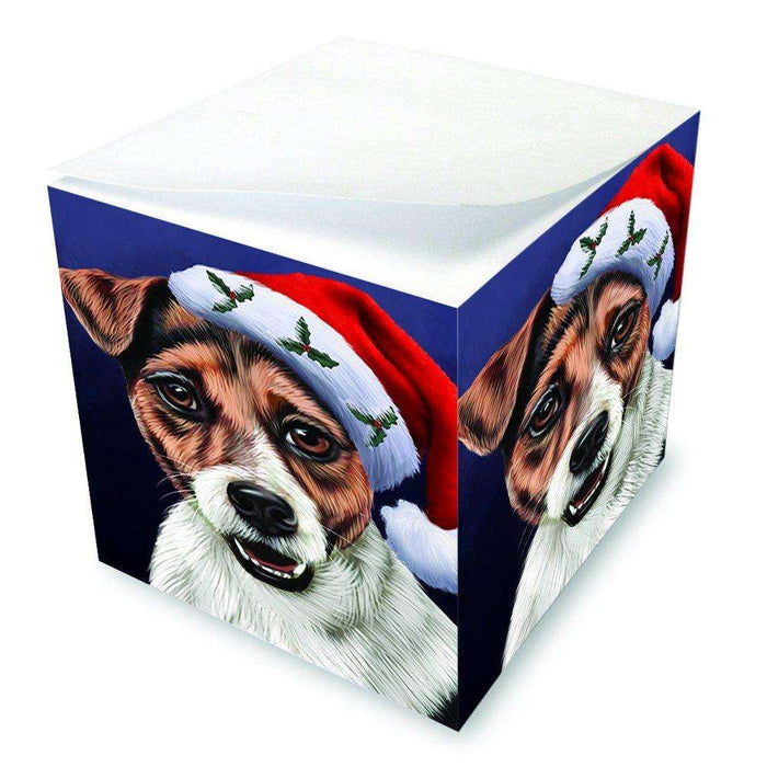 Christmas Jack Russel Dog Holiday Portrait with Santa Hat Note Cube D028