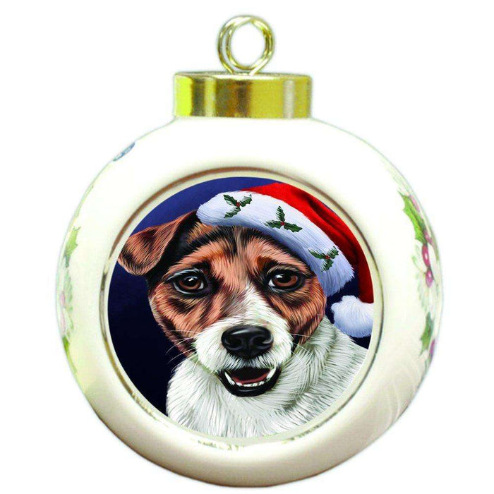 Christmas Jack Russel Dog Holiday Portrait with Santa Hat Round Ball Ornament D032