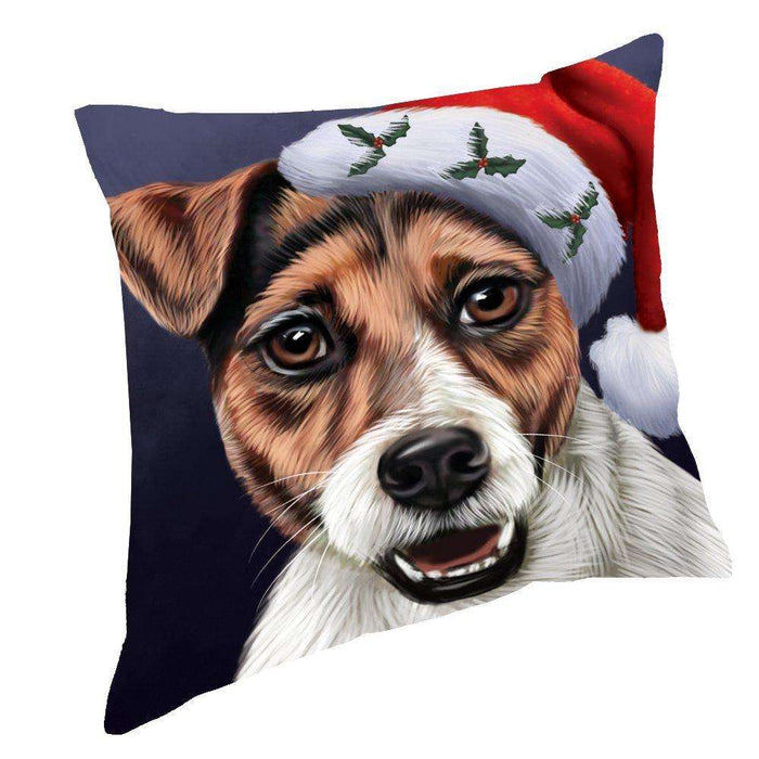 Christmas Jack Russel Dog Holiday Portrait with Santa Hat Throw Pillow