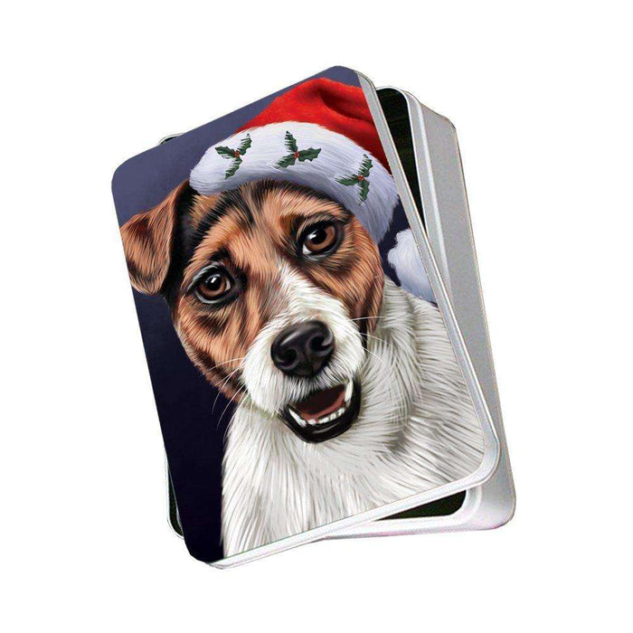 Christmas Jack Russell Dog Holiday Portrait with Santa Hat Photo Storage Tin