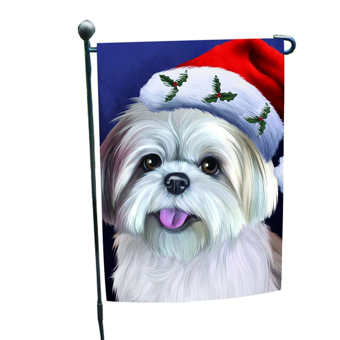 Christmas Lhasa Apso Dog Holiday Portrait with Santa Hat Garden Flag