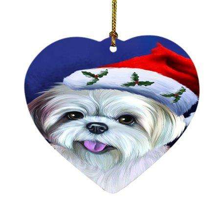 Christmas Lhasa Apso Dog Holiday Portrait with Santa Hat Heart Ornament D012