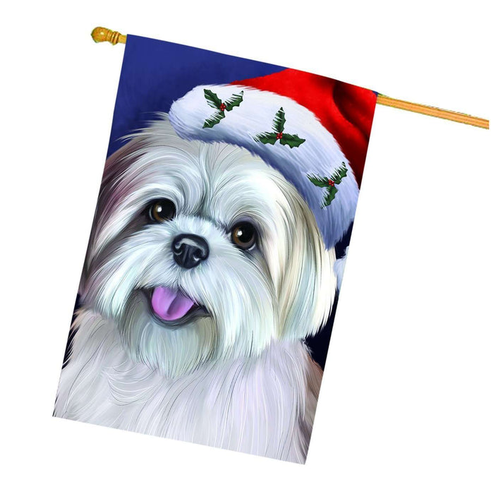 Christmas Lhasa Apso Dog Holiday Portrait with Santa Hat House Flag
