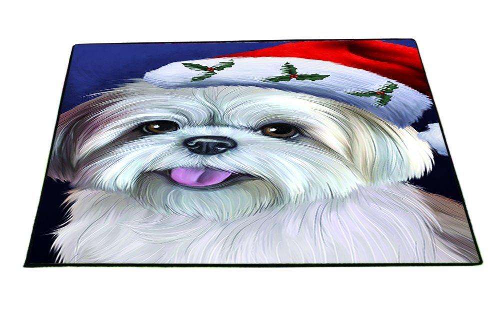 Christmas Lhasa Apso Dog Holiday Portrait with Santa Hat Indoor/Outdoor Floormat