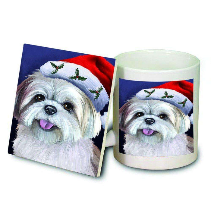 Christmas Lhasa Apso Dog Holiday Portrait with Santa Hat Mug and Coaster Set