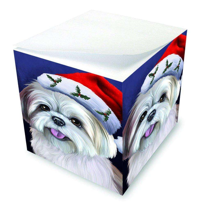 Christmas Lhasa Apso Dog Holiday Portrait with Santa Hat Note Cube D008