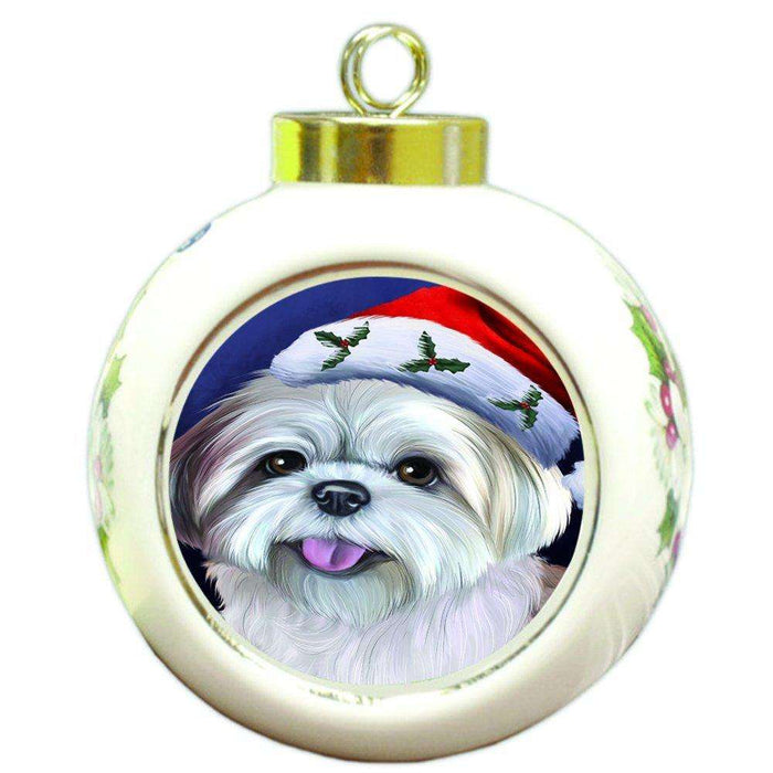 Christmas Lhasa Apso Dog Holiday Portrait with Santa Hat Round Ball Ornament D012
