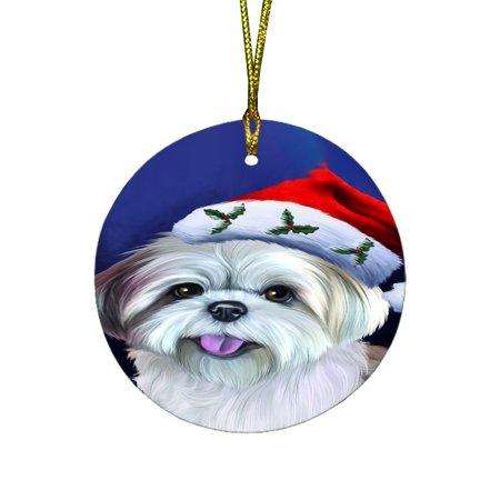 Christmas Lhasa Apso Dog Holiday Portrait with Santa Hat Round Ornament D012