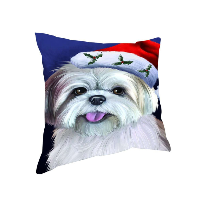 Christmas Lhasa Apso Dog Holiday Portrait with Santa Hat Throw Pillow