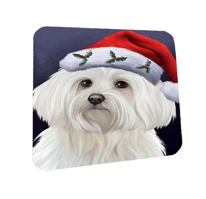 Christmas Maltese Dog Holiday Portrait with Santa Hat Coasters Set of 4