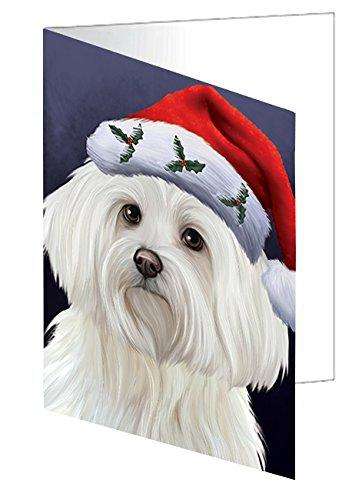 Christmas Maltese Dog Holiday Portrait with Santa Hat Handmade Artwork Assorted Pets Greeting Cards and Note Cards with Envelopes for All Occasions and Holiday Seasons