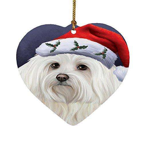 Christmas Maltese Dog Holiday Portrait with Santa Hat Heart Ornament