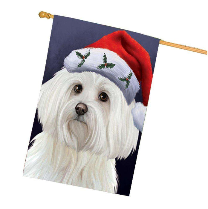 Christmas Maltese Dog Holiday Portrait with Santa Hat House Flag