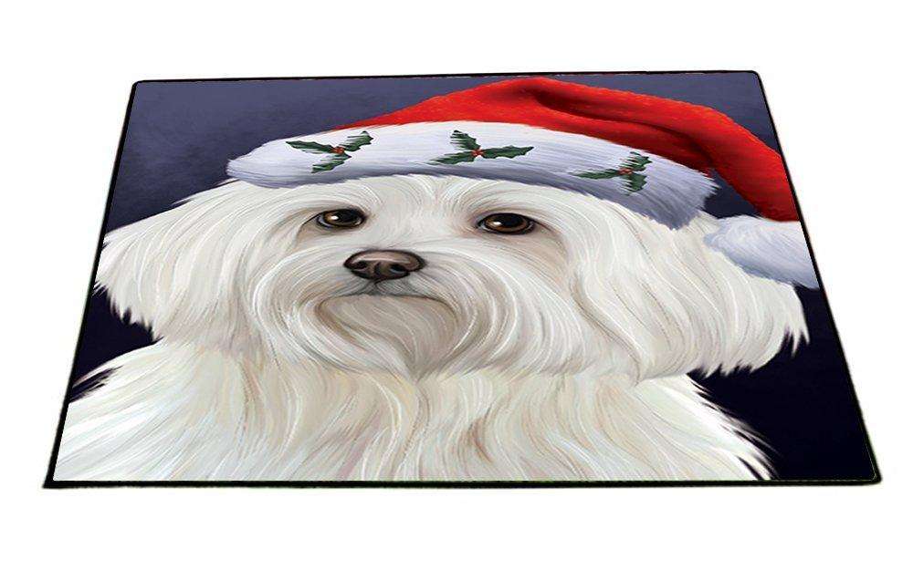 Christmas Maltese Dog Holiday Portrait with Santa Hat Indoor/Outdoor Floormat