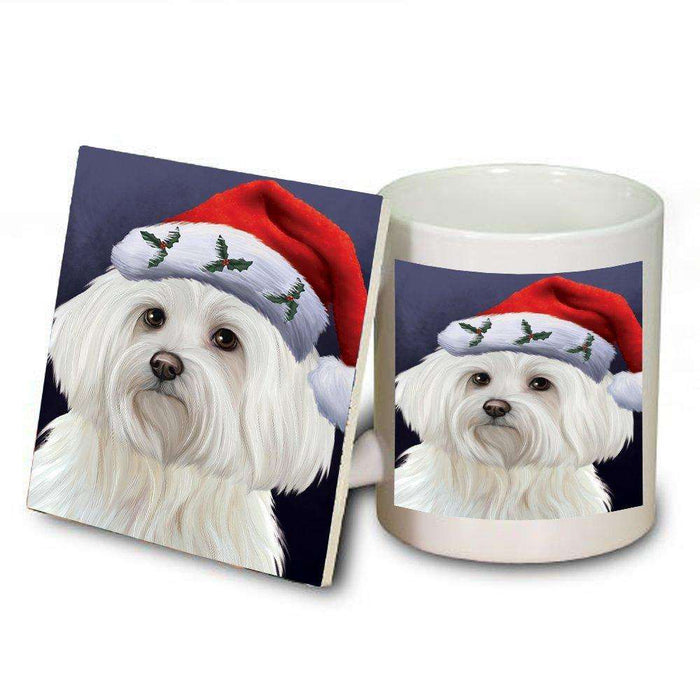 Christmas Maltese Dog Holiday Portrait with Santa Hat Mug and Coaster Set