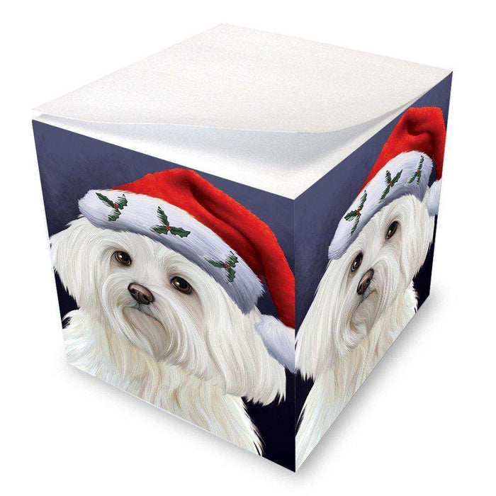 Christmas Maltese Dog Holiday Portrait with Santa Hat Note Cube D468