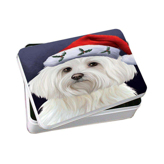 Christmas Maltese Dog Holiday Portrait with Santa Hat Photo Storage Tin