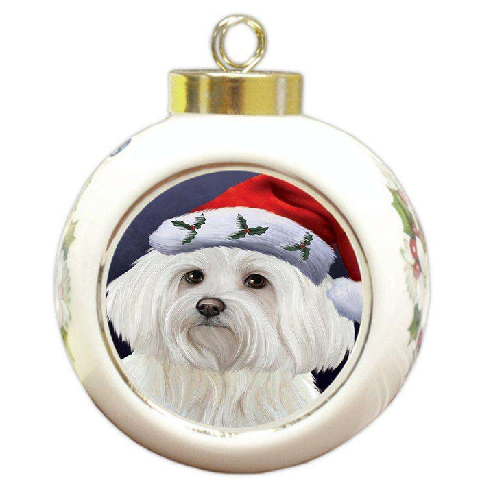 Christmas Maltese Dog Holiday Portrait with Santa Hat Round Ball Ornament