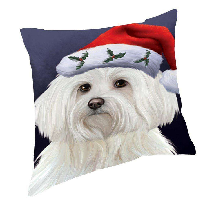Christmas Maltese Dog Holiday Portrait with Santa Hat Throw Pillow