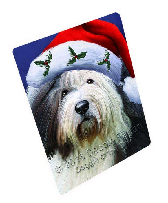 Christmas Old English Sheepdog Dog Holiday Portrait with Santa Hat Art Portrait Print Woven Throw Sherpa Plush Fleece Blanket