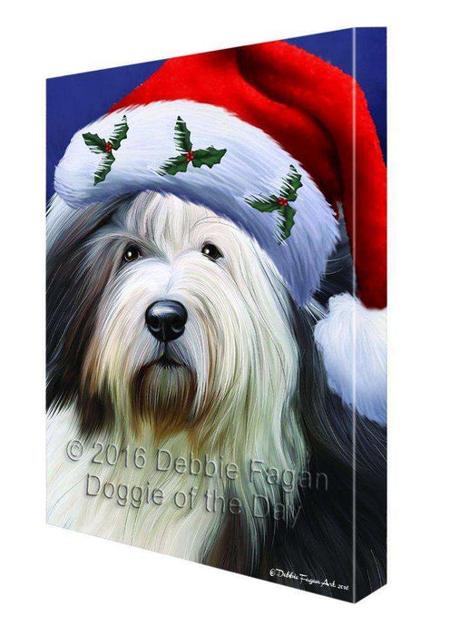 Christmas Old English Sheepdog Dog Holiday Portrait with Santa Hat Canvas Wall Art
