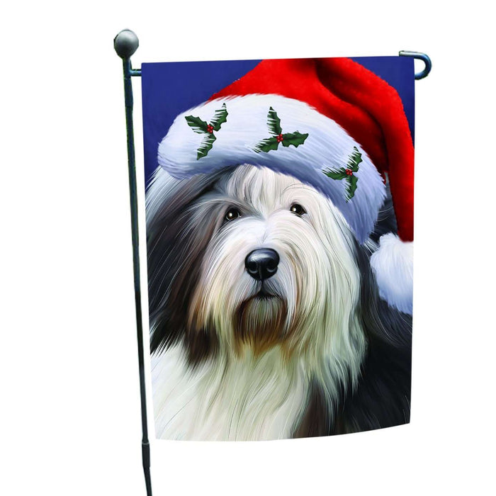 Christmas Old English Sheepdog Dog Holiday Portrait with Santa Hat Garden Flag