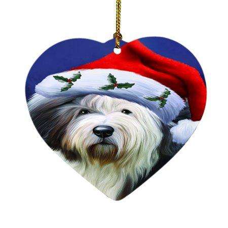 Christmas Old English Sheepdog Dog Holiday Portrait with Santa Hat Heart Ornament D001