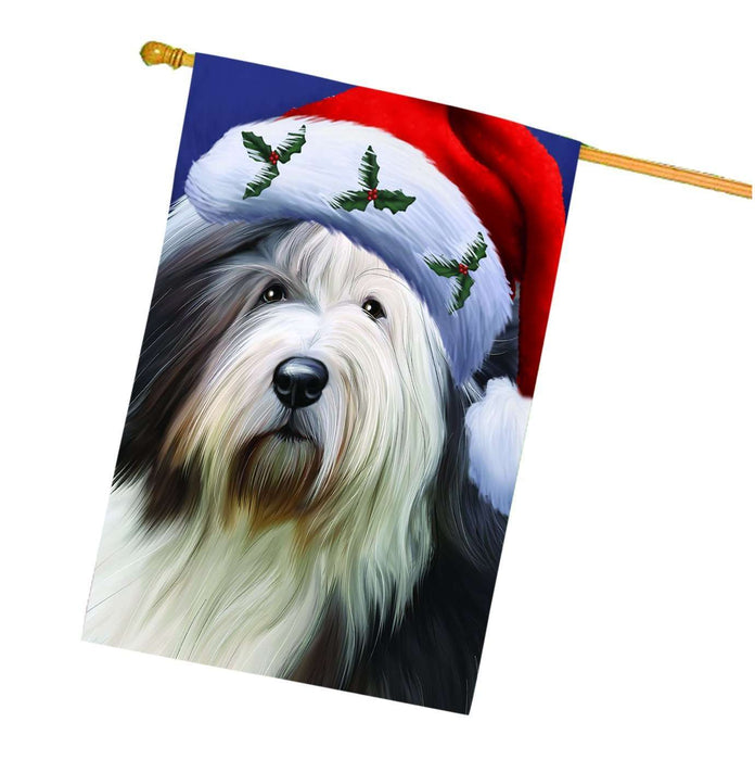 Christmas Old English Sheepdog Dog Holiday Portrait with Santa Hat House Flag