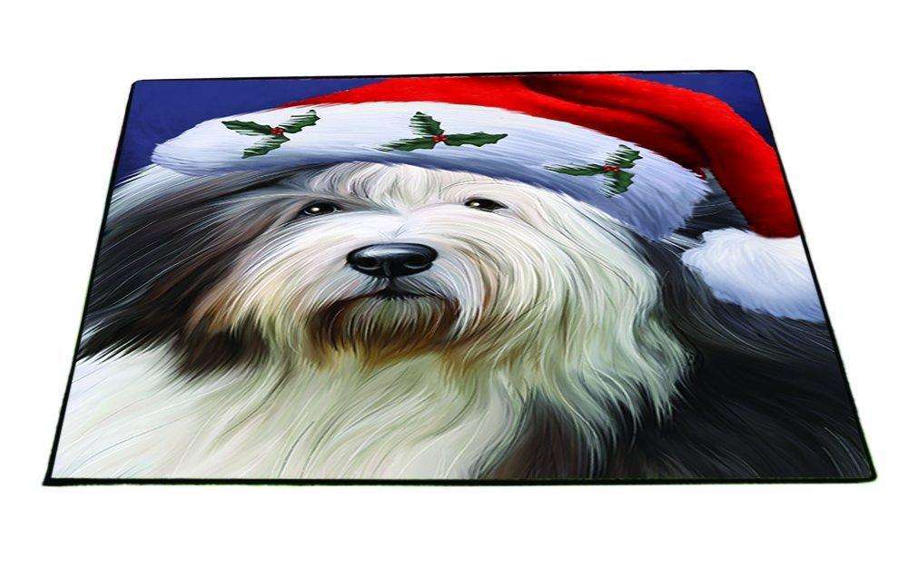 Christmas Old English Sheepdog Dog Holiday Portrait with Santa Hat Indoor/Outdoor Floormat