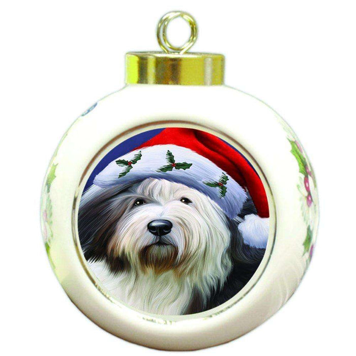 Christmas Old English Sheepdog Dog Holiday Portrait with Santa Hat Round Ball Ornament D001